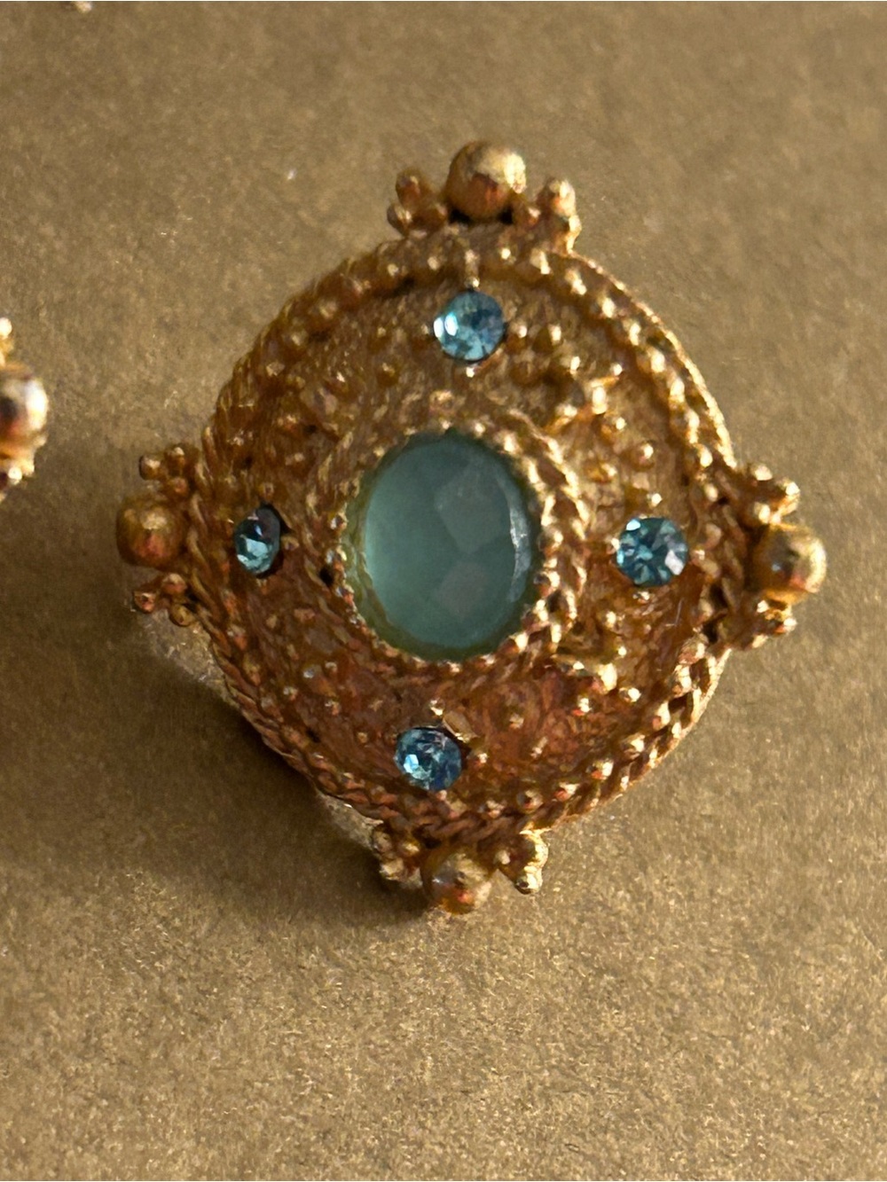 Earrings Renaissance look Goldtone ovals aqua blue cabochon & crystals. Pierced - Picture 5 of 7